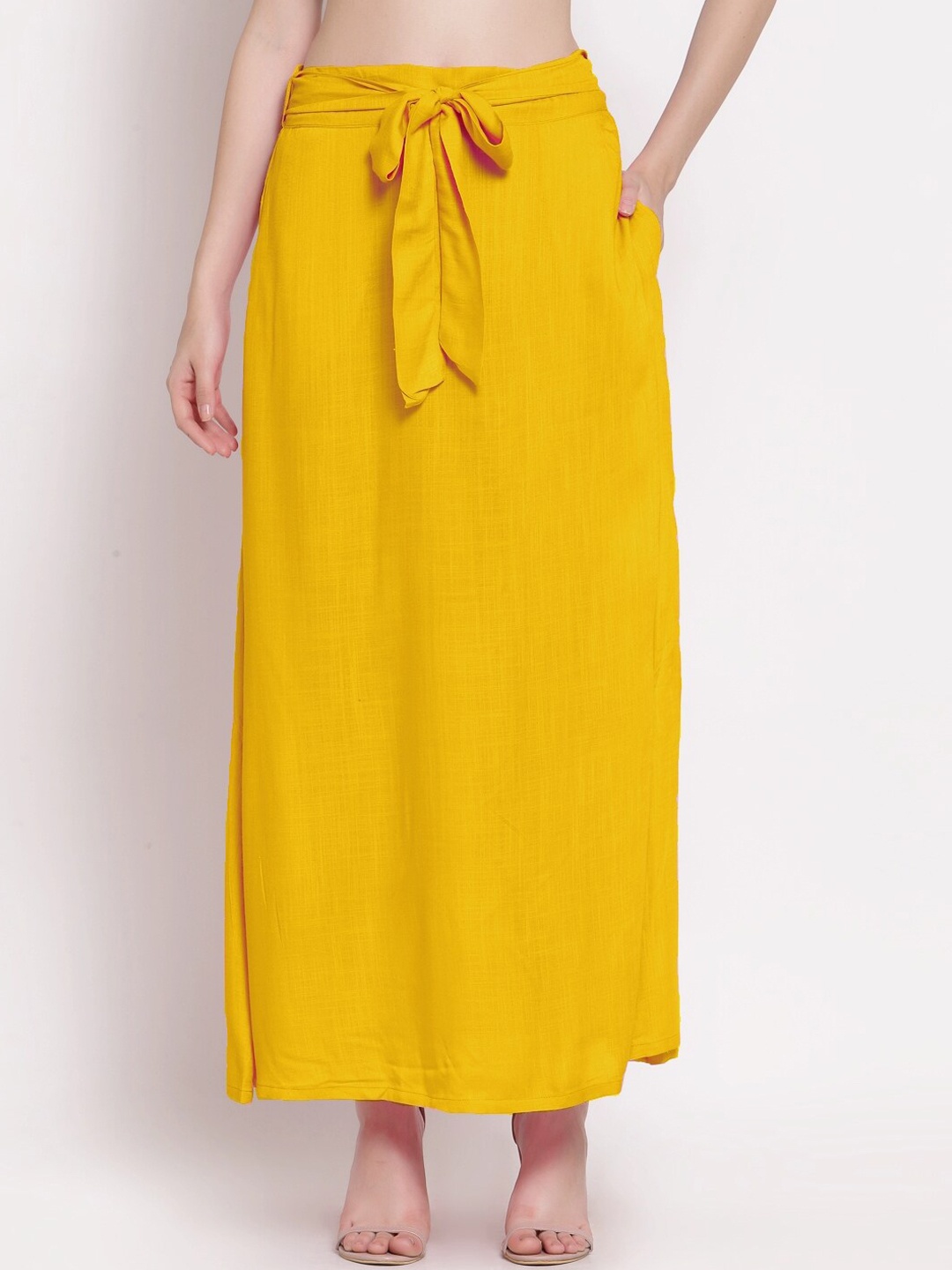 

PATRORNA Women Mustard Yellow Solid Maxi Tulip Skirt