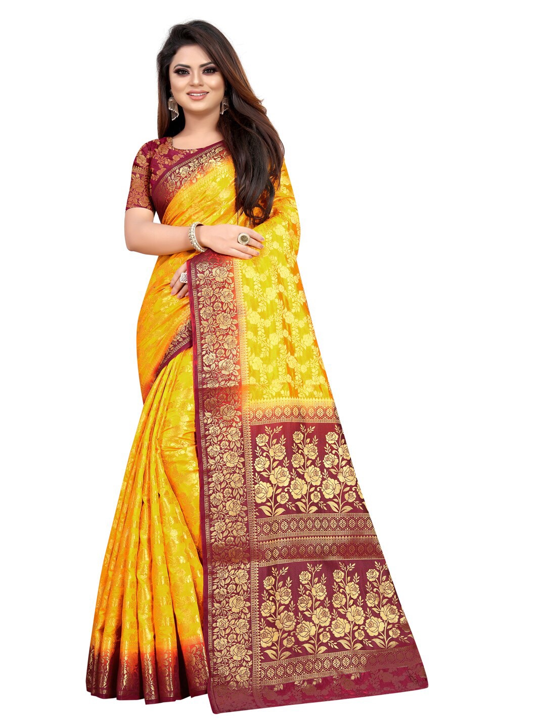 

PERFECT WEAR Yellow & Maroon Woven Design Zari Silk Cotton Banarasi Saree