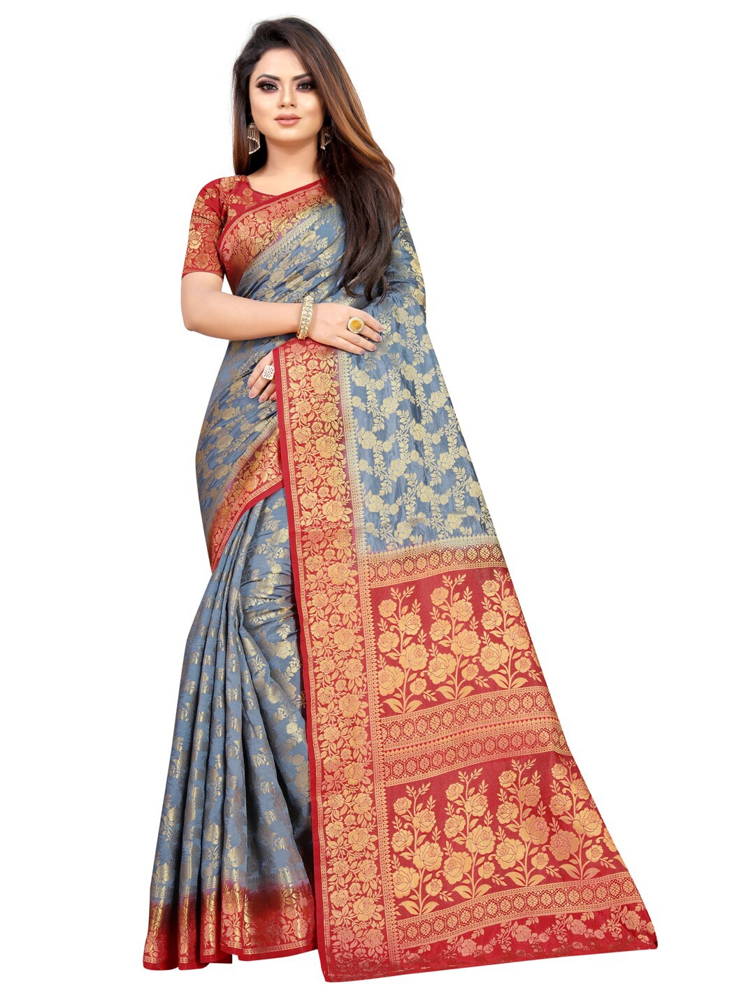 

PERFECT WEAR Grey & Red Woven Design Zari Silk Cotton Banarasi Saree