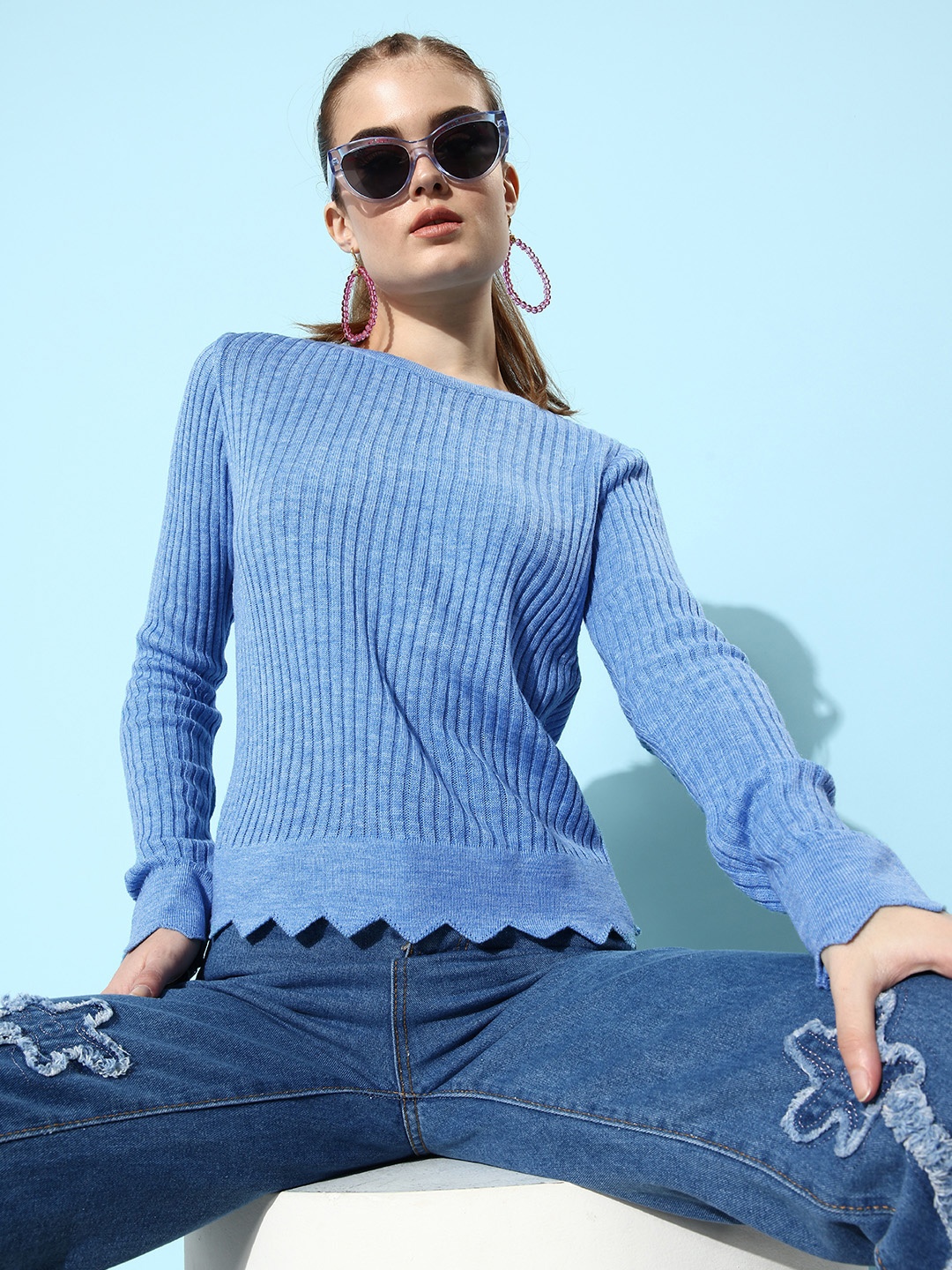 

Dressberry Women Attractive Blue Ribbed Knits Bits Sweater