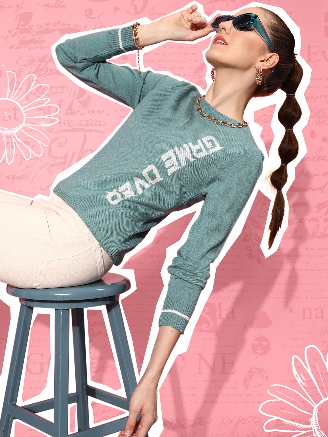 

DressBerry Women Sea Green Typography Whipped for Varsity Sweater
