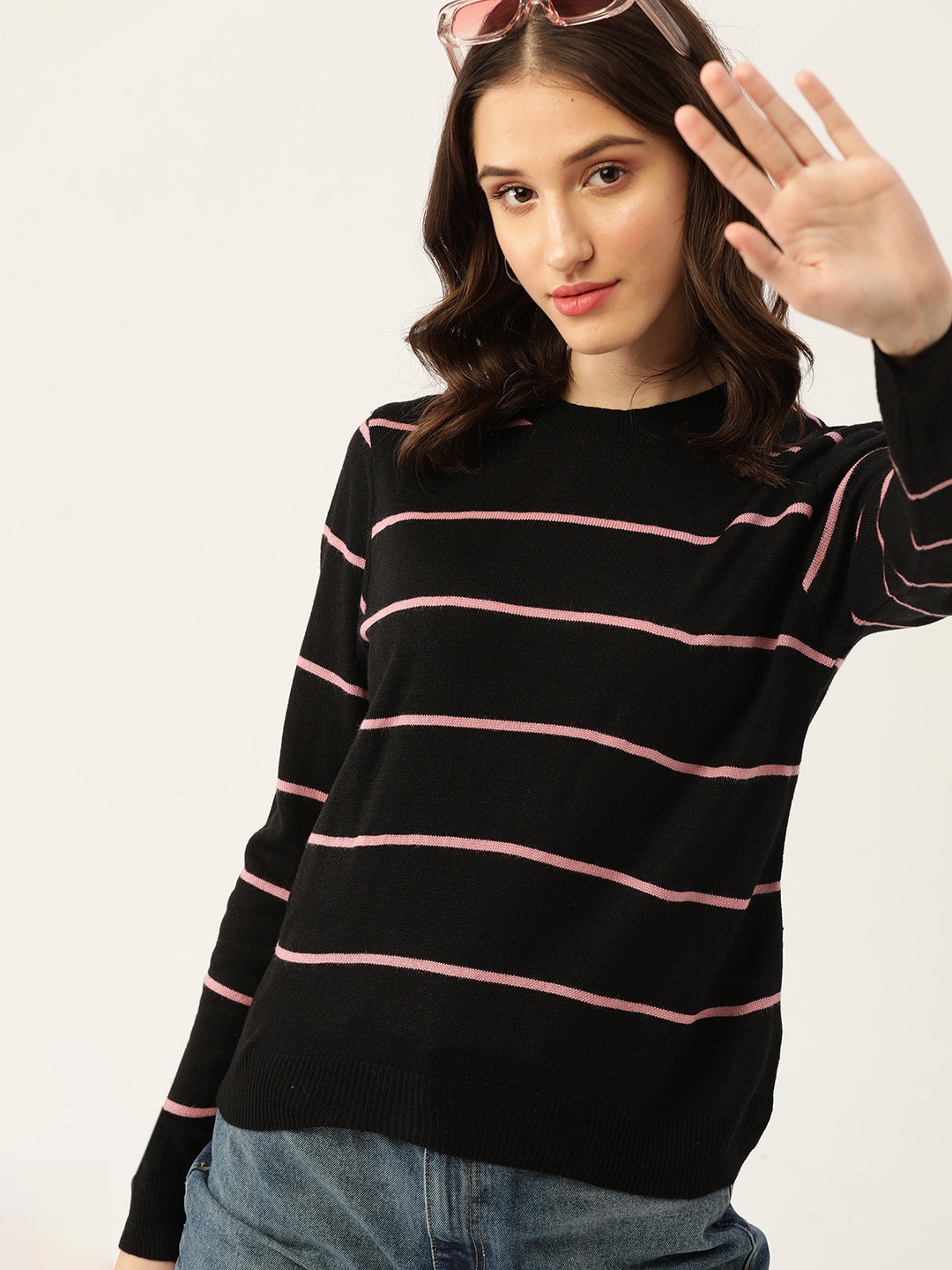 

DressBerry Women Black & Pink Striped Pullover