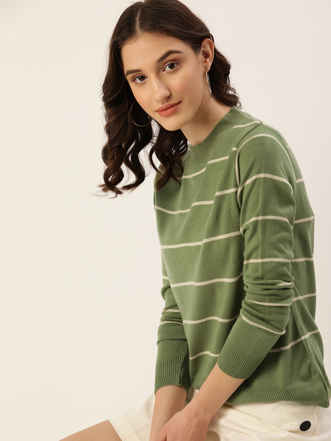 

DressBerry Women Olive Green & White Acrylic Striped Pullover