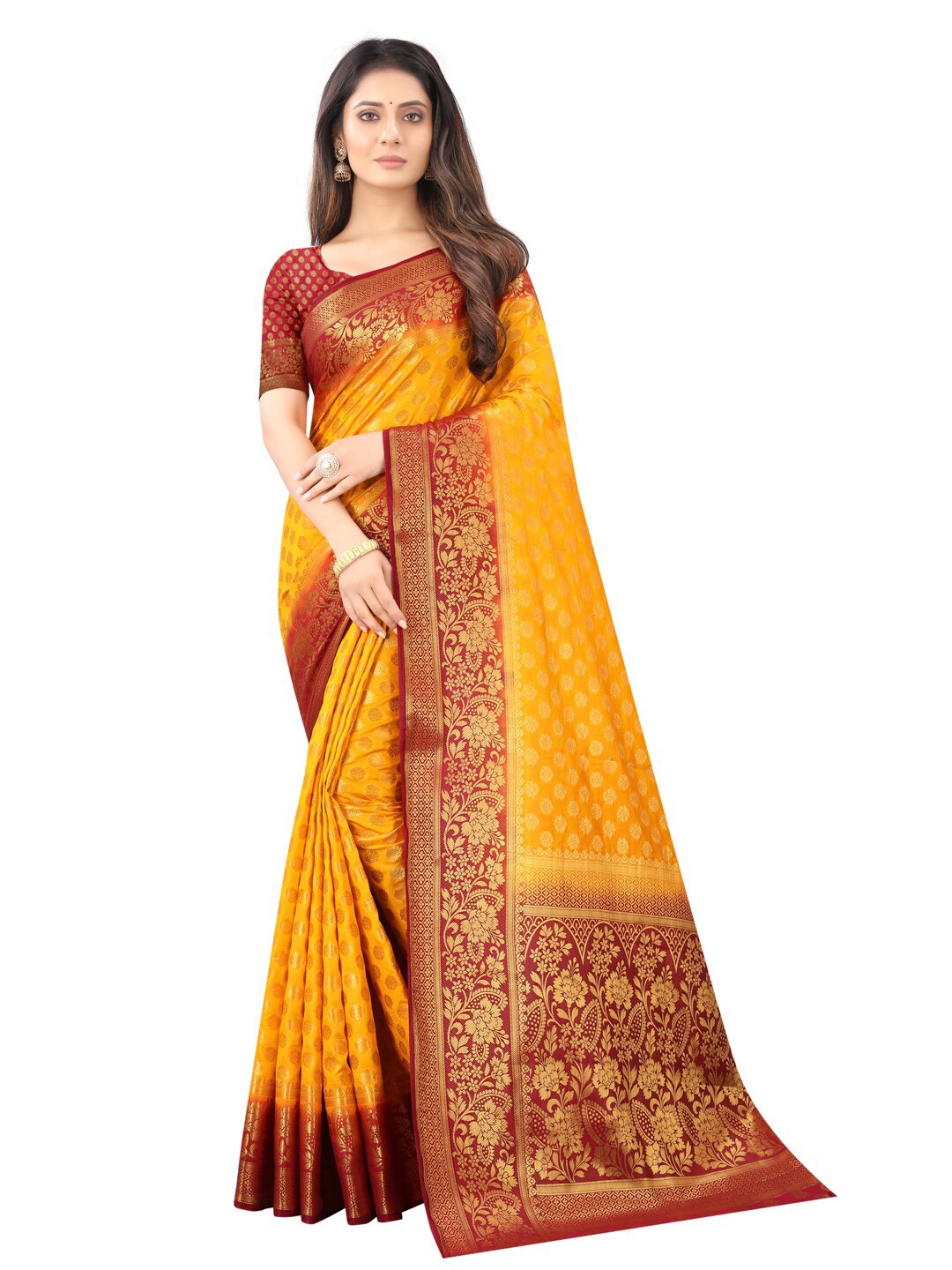 

PERFECT WEAR Red & Yellow Ethnic Motifs Silk Cotton Banarasi Saree