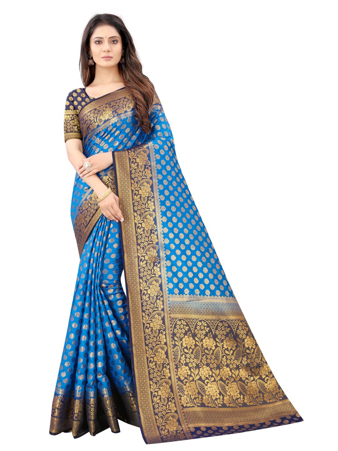 

PERFECT WEAR Blue & Gold-Toned Woven Design Zari Silk Cotton Banarasi Saree