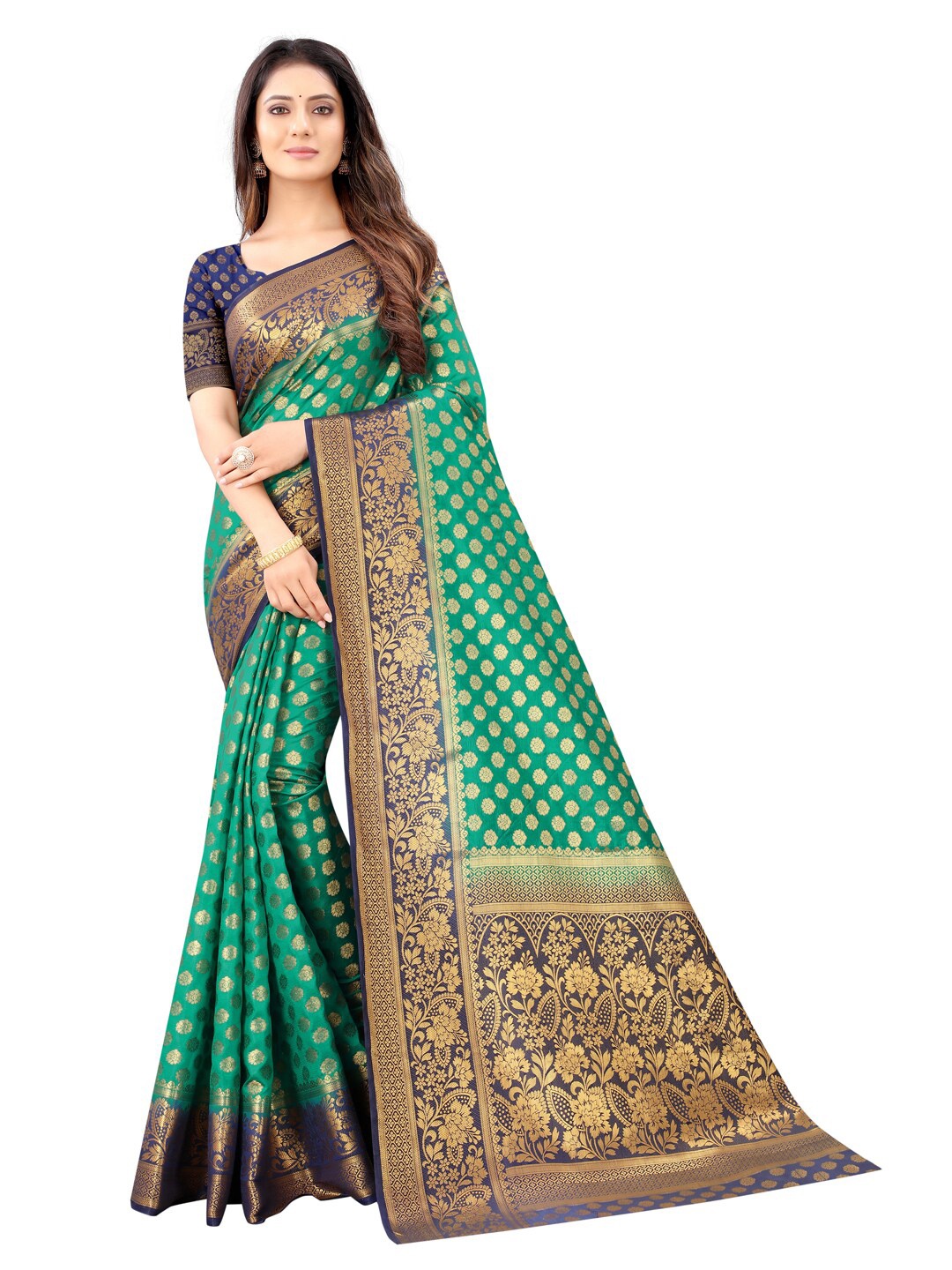 

PERFECT WEAR Green & Navy Blue Ethnic Motifs Zari Silk Cotton Banarasi Saree