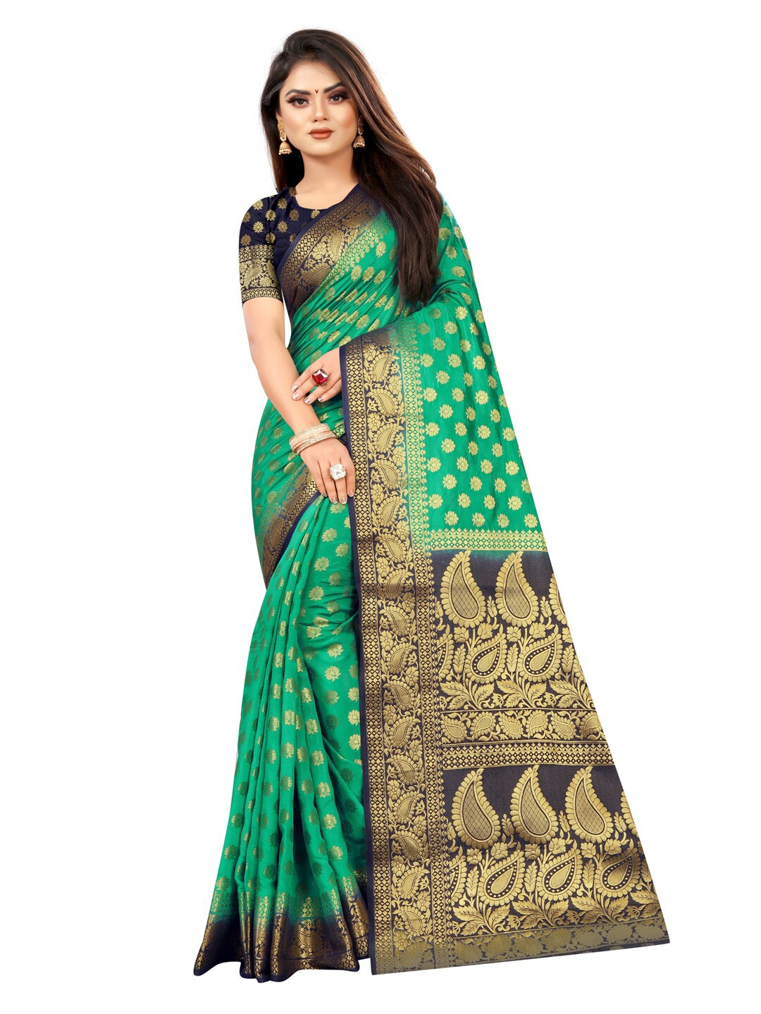 

PERFECT WEAR Green & Navy Blue Woven Design Zari Silk Cotton Banarasi Saree