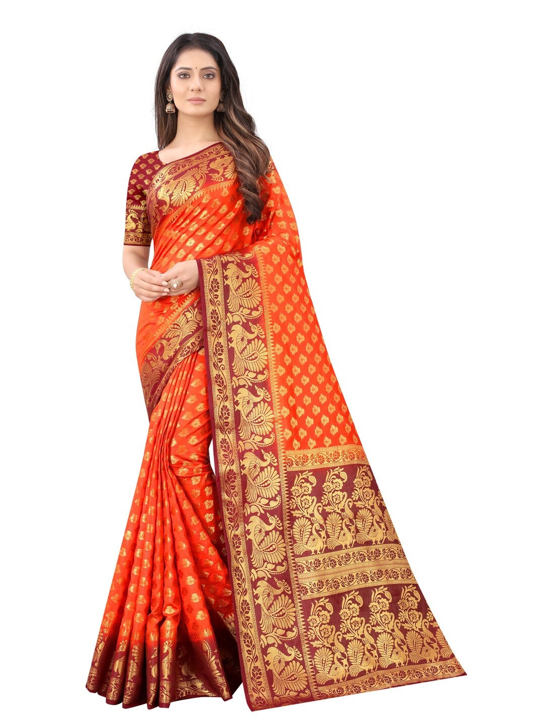 

PERFECT WEAR Red & Rust Woven Design Zari Silk Cotton Banarasi Saree