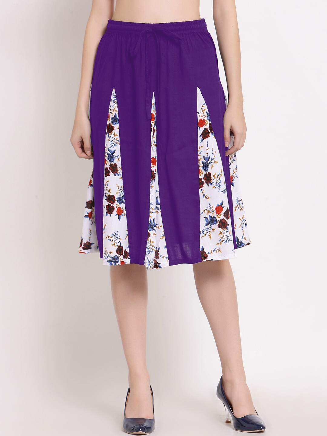

PATRORNA Women Purple & White Printed Flared Skirt With Contrast Pleated Detailing