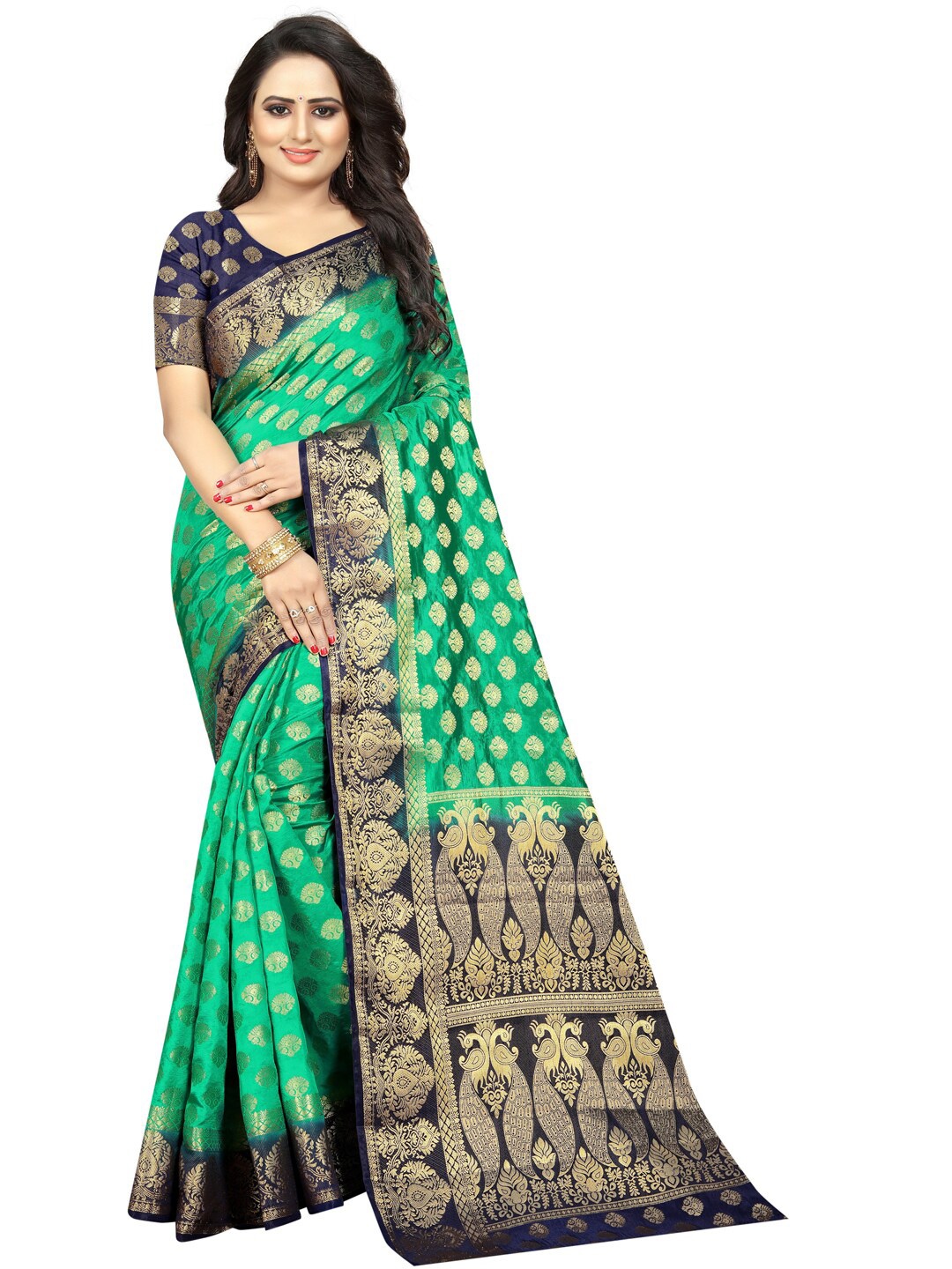 

PERFECT WEAR Navy Blue & Green Woven Design Zari Silk Cotton Banarasi Saree