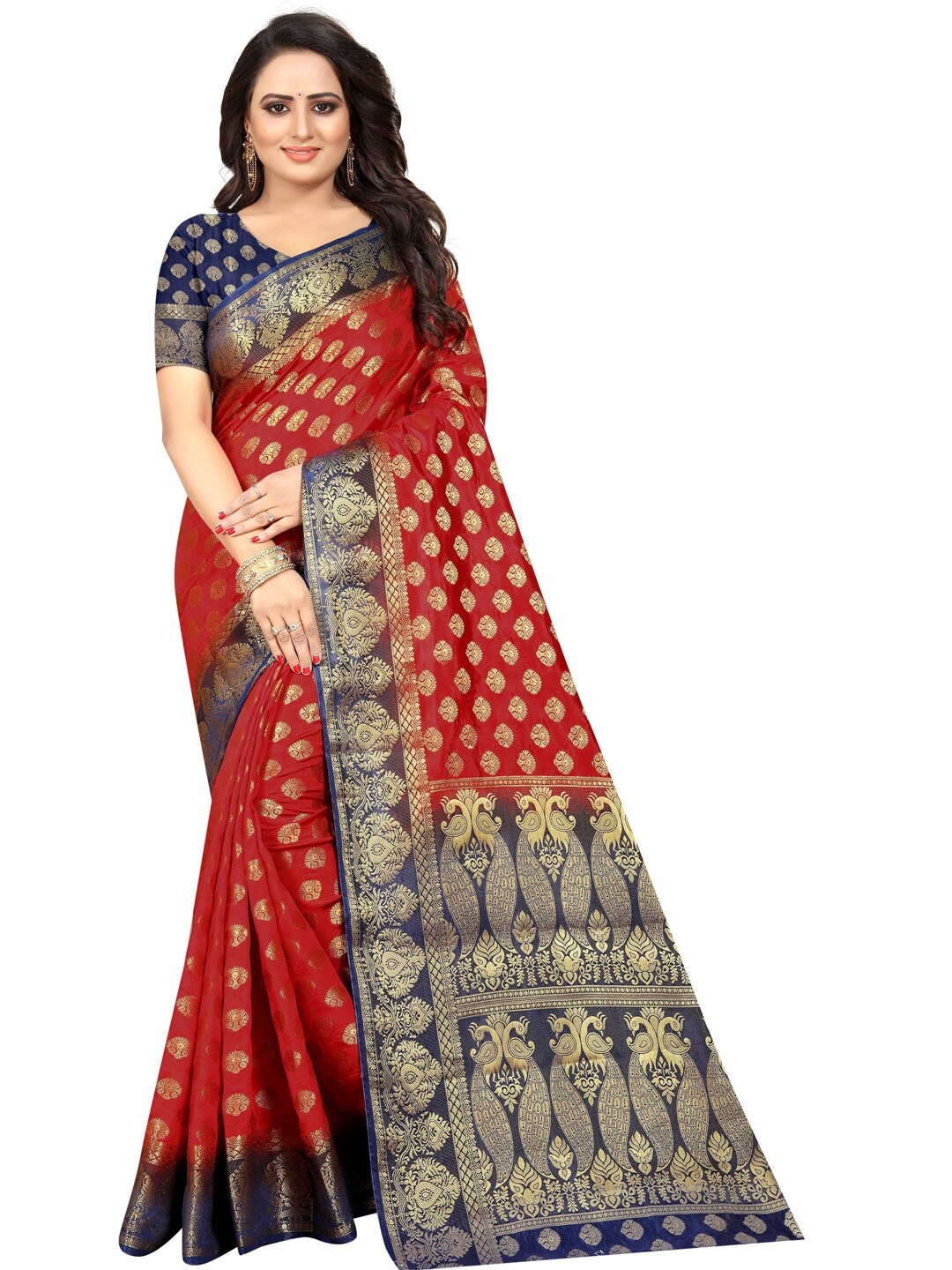 

PERFECT WEAR Red & Navy Blue Ethnic Motifs Zari Silk Cotton Banarasi Saree