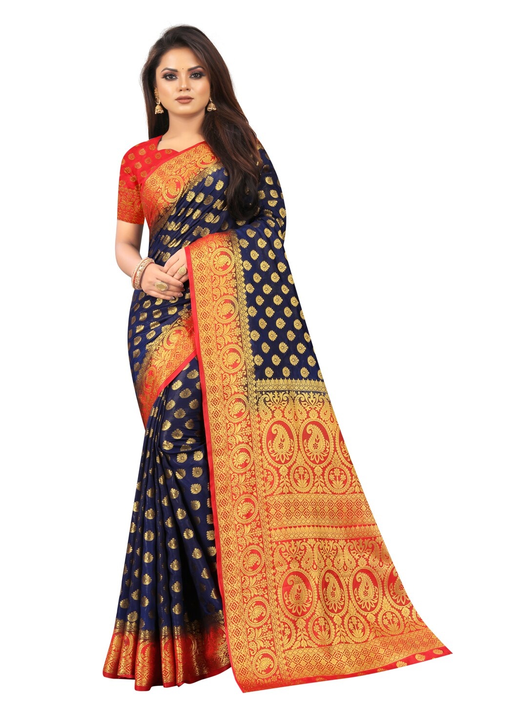 

PERFECT WEAR Navy Blue & Red Ethnic Motifs Zari Silk Cotton Banarasi Saree