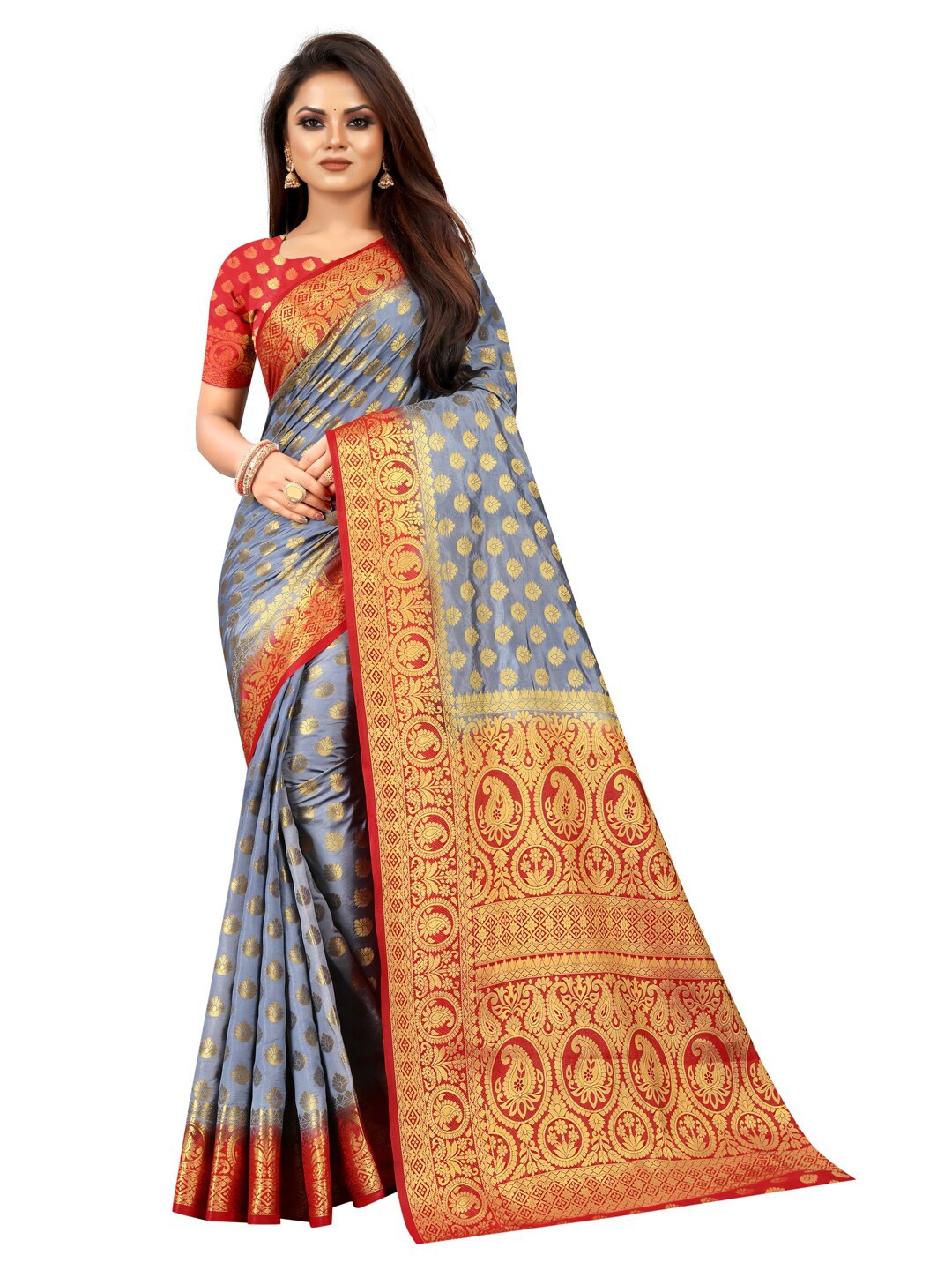 

PERFECT WEAR Grey & Red Woven Design Zari Silk Cotton Banarasi Saree