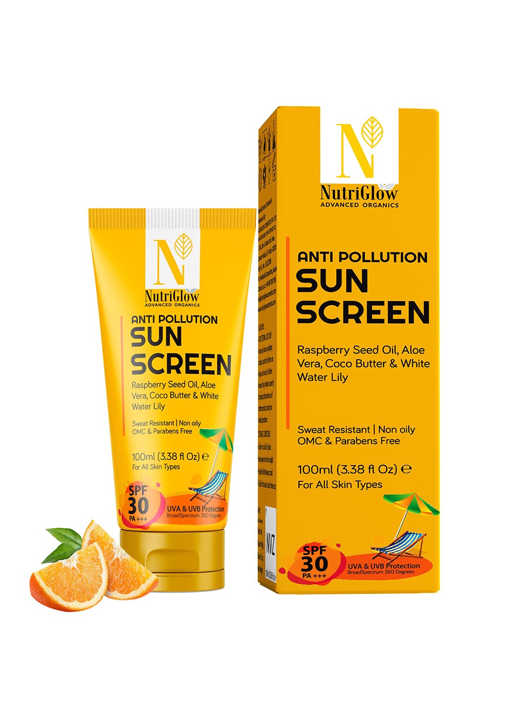 Nutriglow Advanced Organics Anti Pollution SPF 30 PA+++ Sun Screen - 100 ml, Yellow