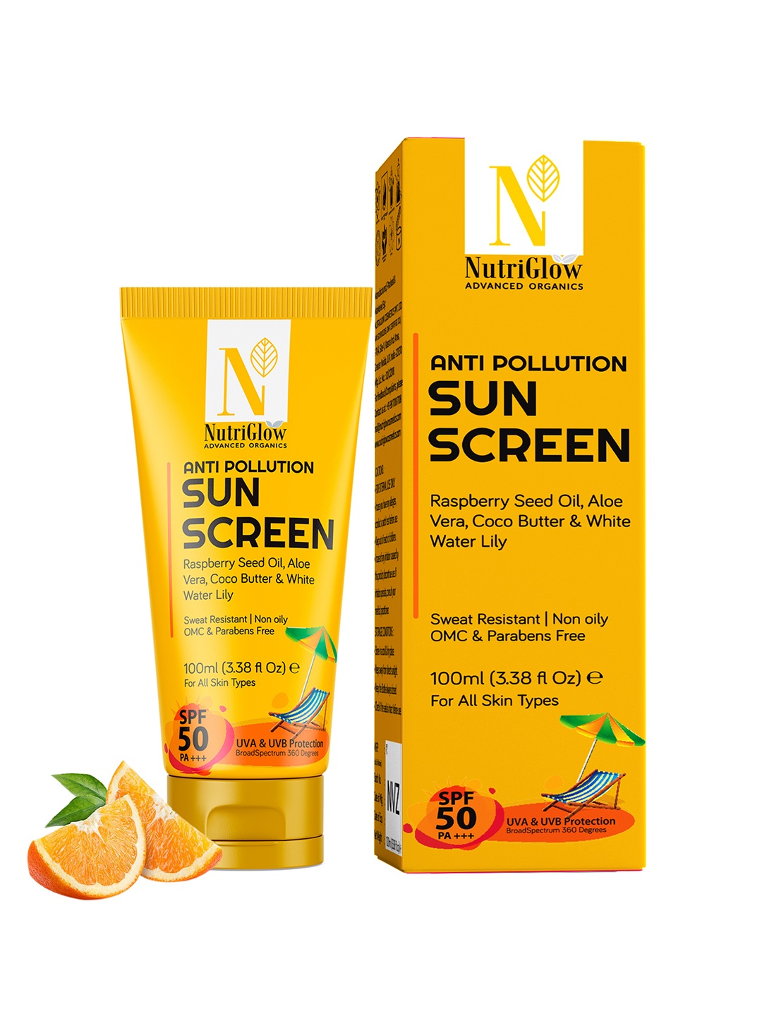 NutriGlow Advanced Organics Anti Pollution SPF 50 PA+++ Sun Screen with Aloevera 100 ml, Yellow
