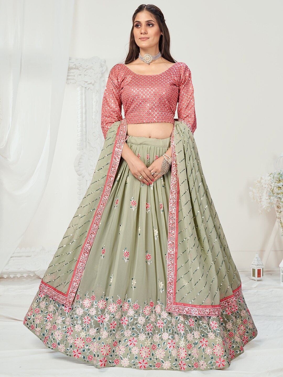 

WHITE FIRE Olive Green & Pink Embellished Sequinned Semi-Stitched Lehenga Choli Set