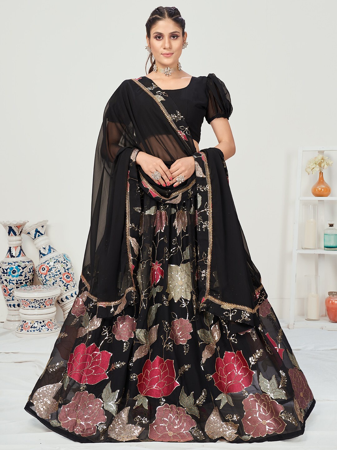 

WHITE FIRE Black & Pink Sequinned Semi-Stitched Lehenga & Unstitched Blouse With Dupatta