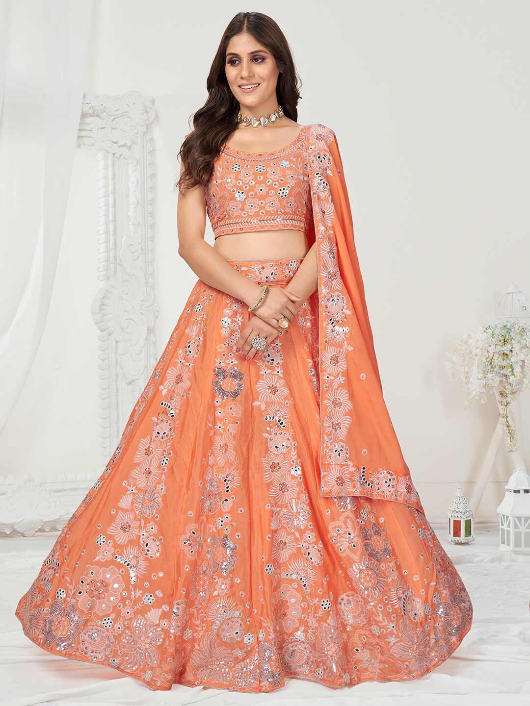 

WHITE FIRE Orange & Silver-Toned Embellished Sequinned Semi-Stitched Lehenga Choli