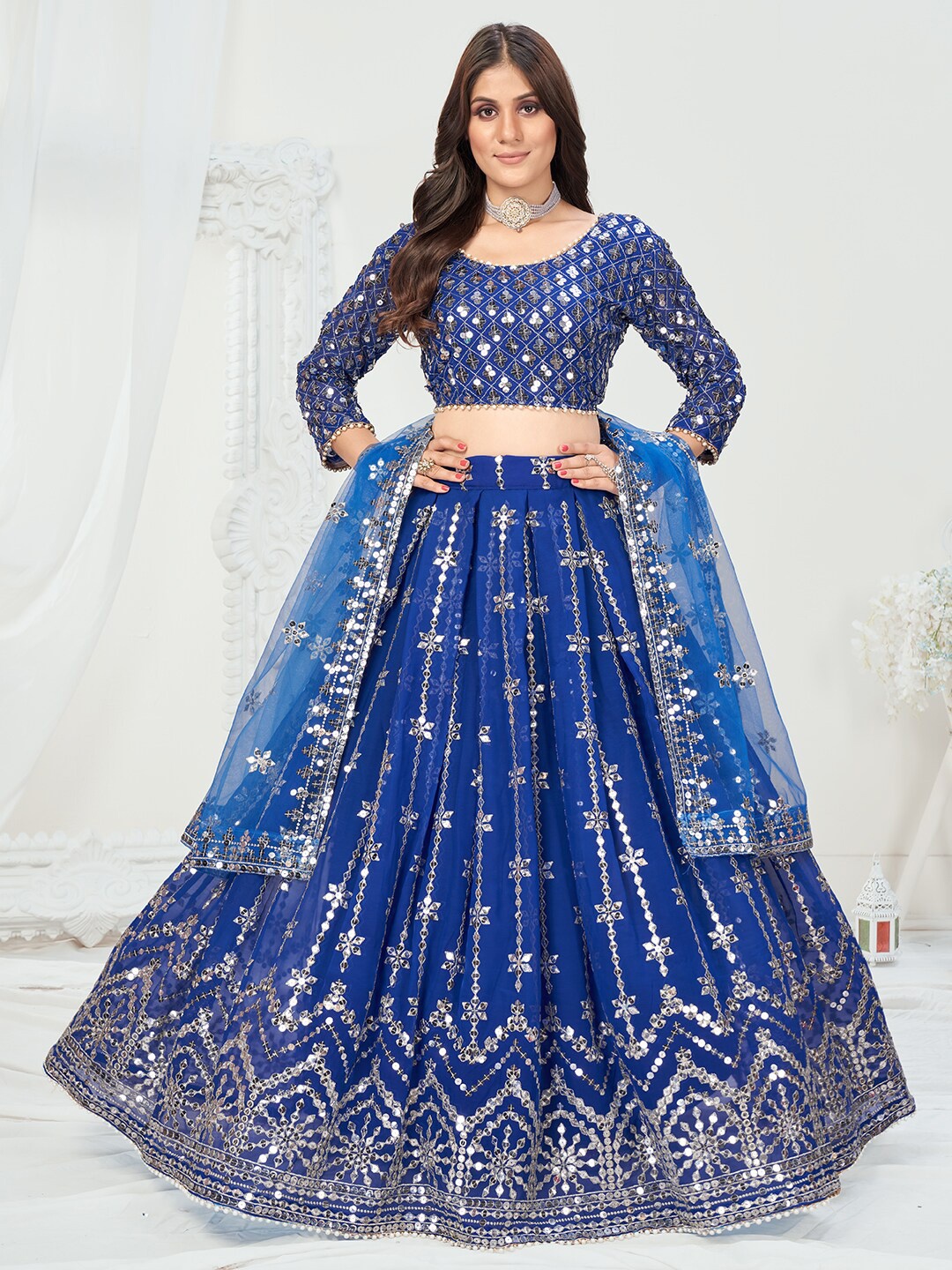 

WHITE FIRE Blue & Gold-Toned Embellished Semi-Stitched Lehenga & Unstitched Blouse With Dupatta