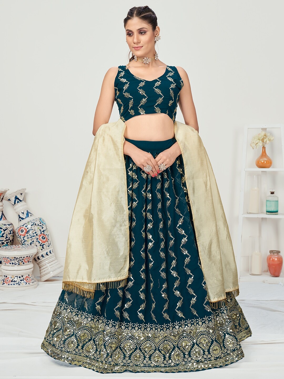 

WHITE FIRE Blue & Cream-Coloured Embellished Semi-Stitched Lehenga & Unstitched Blouse With Dupatta