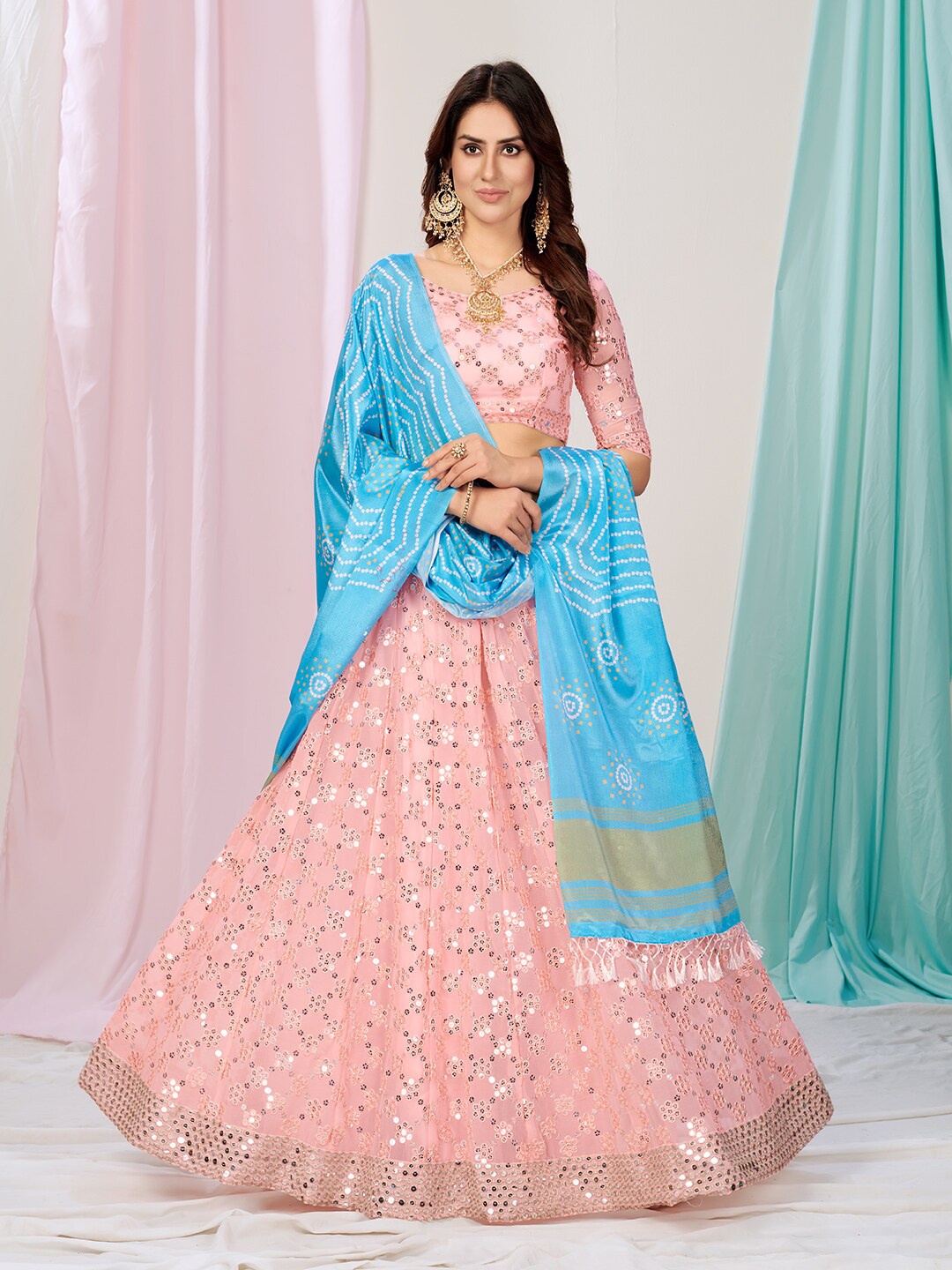 

WHITE FIRE Pink & Blue Embellished Sequinned Semi-Stitched Lehenga & Unstitched Blouse With Dupatta