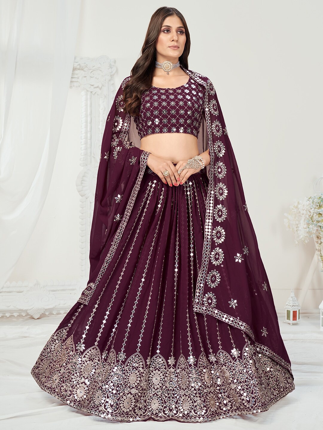 

WHITE FIRE Purple & Silver-Toned Semi-Stitched Lehenga & Unstitched Blouse With Dupatta