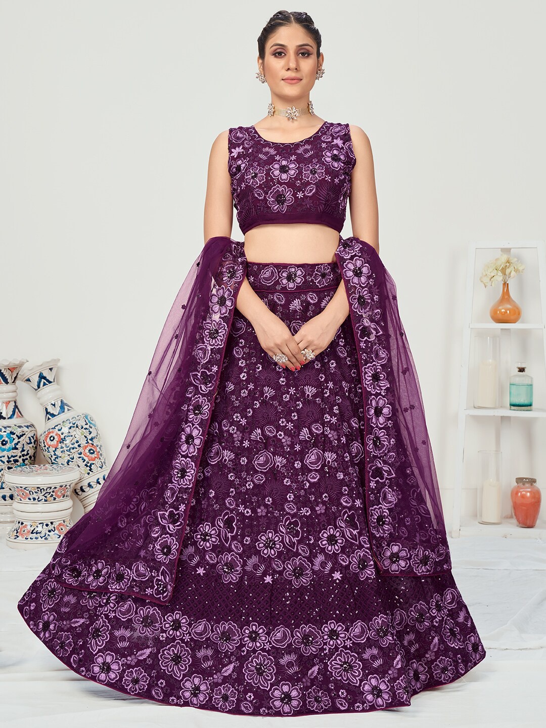 

WHITE FIRE Purple Embellished Semi-Stitched Lehenga & Unstitched Blouse With Dupatta