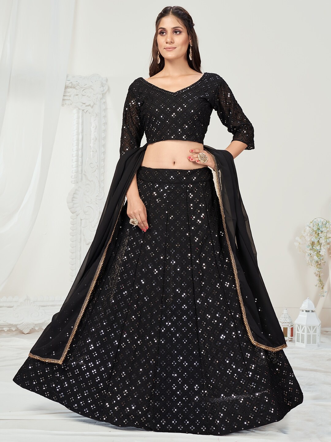 

WHITE FIRE Black Embellished Sequinned Semi-Stitched Lehenga & Unstitched Blouse With Dupatta