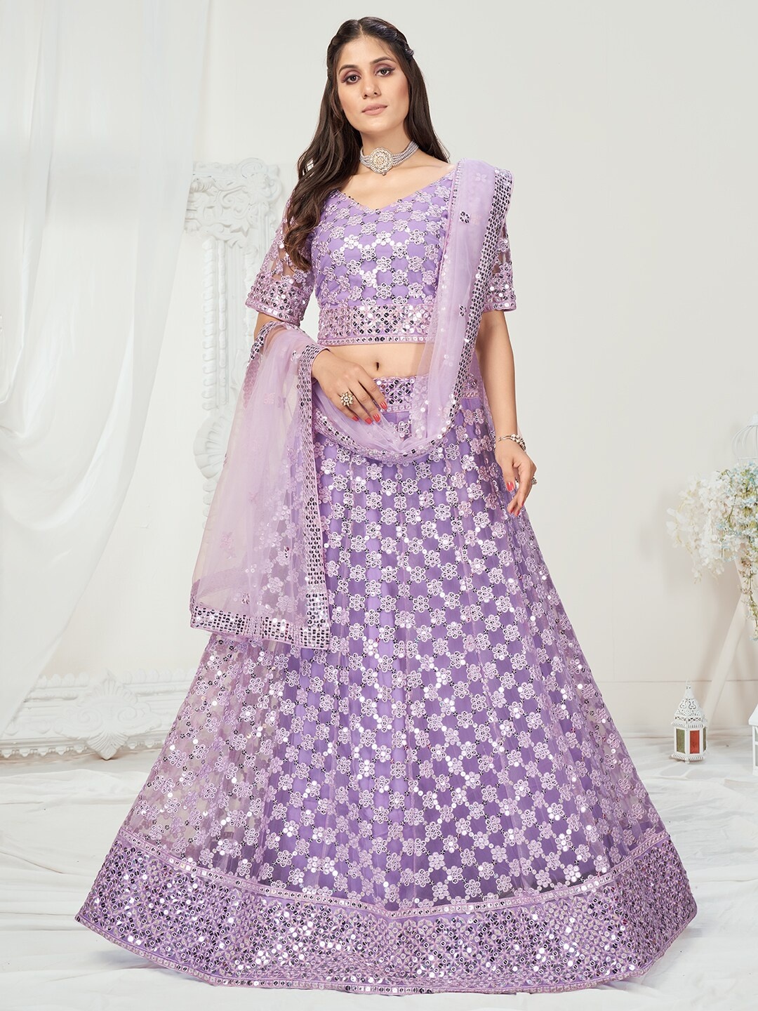 

WHITE FIRE Lavender Sequinned Semi-Stitched Lehenga & Unstitched Blouse With Dupatta