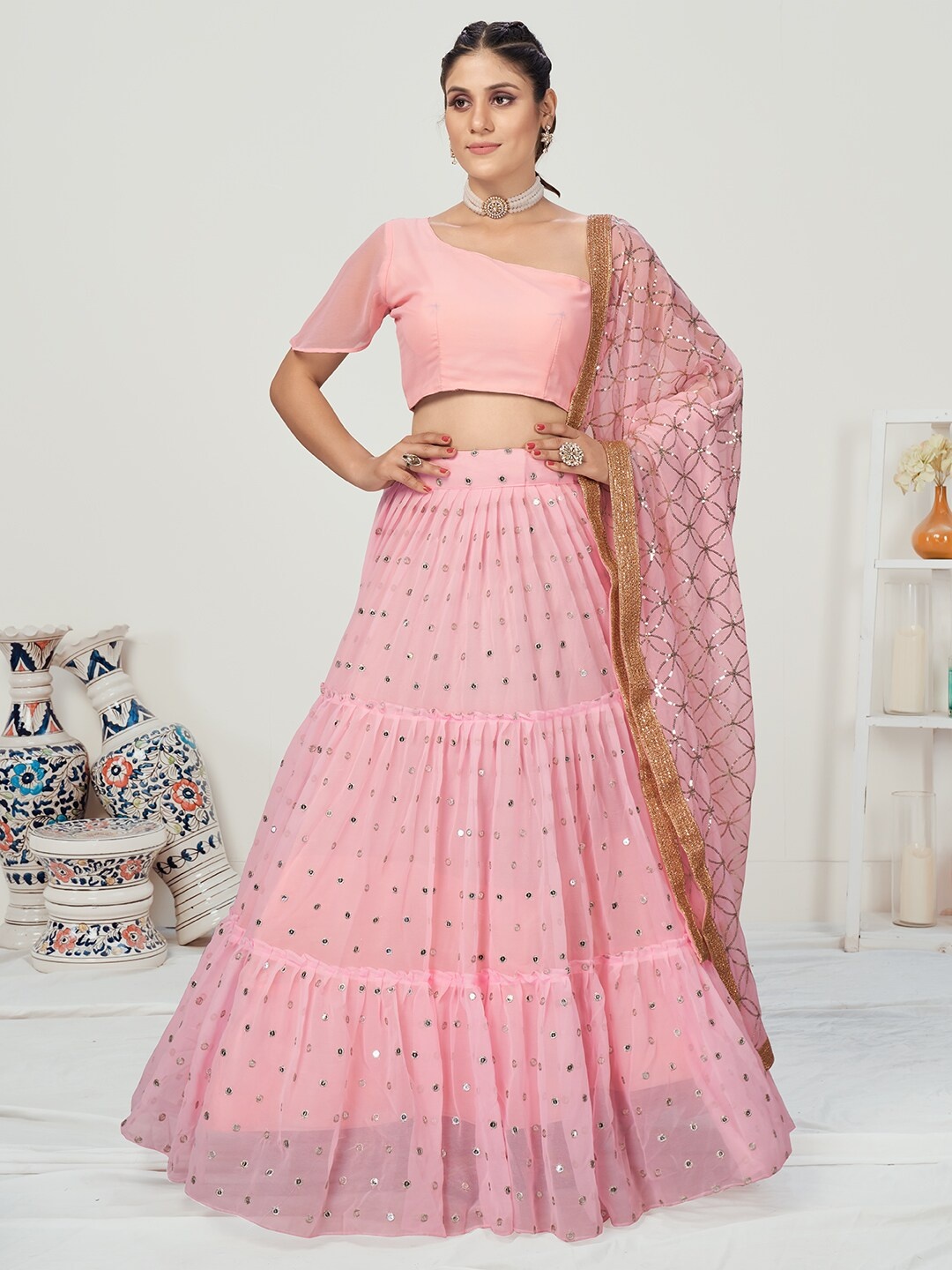 

WHITE FIRE Pink & Silver-Toned Sequinned Semi-Stitched Lehenga & Unstitched Blouse With Dupatta