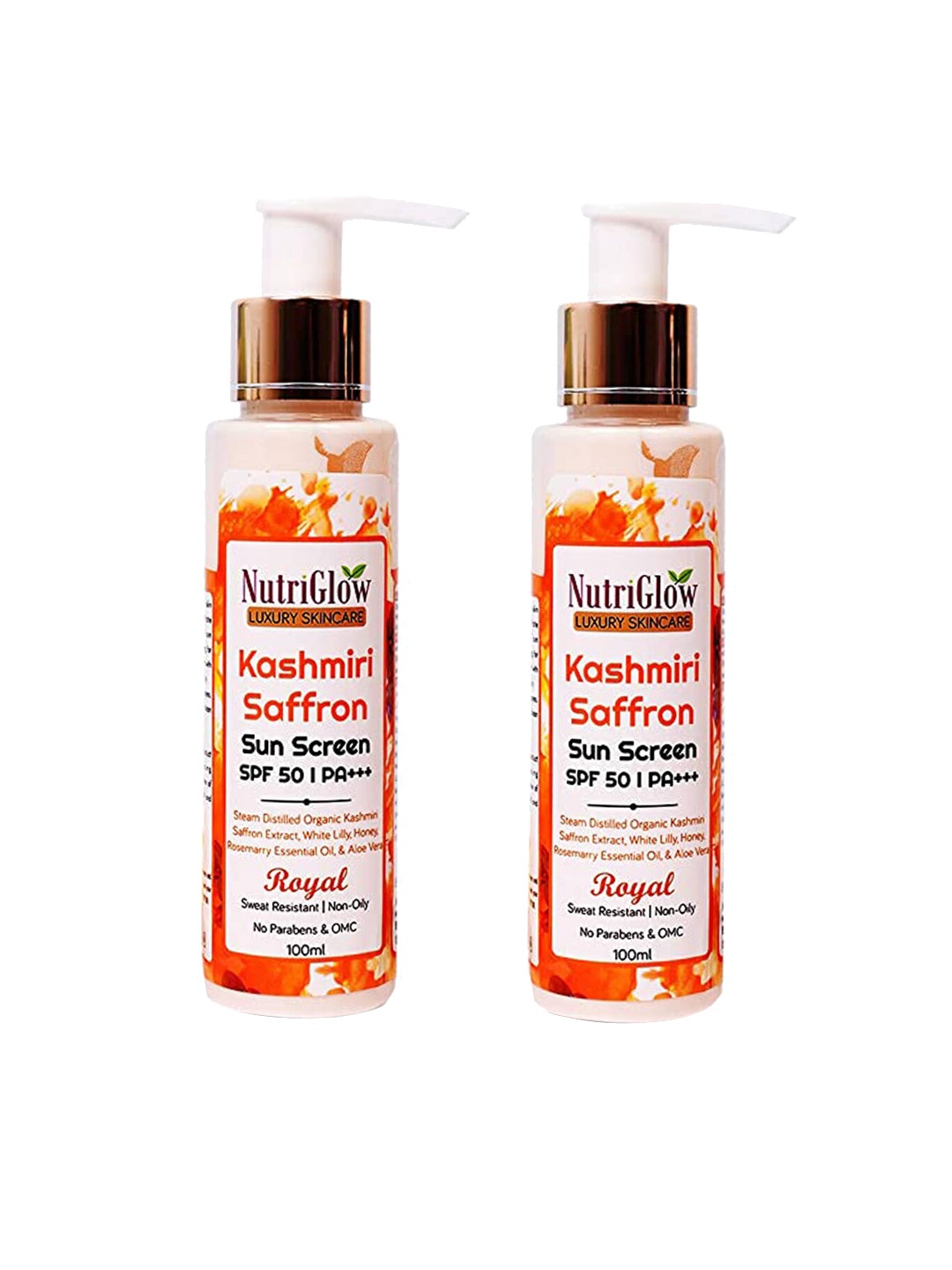 

NutriGlow Set of 2 Sustainable Royal Kashmiri Saffron SPF 50 PA+++ Sun Screen - 100 ml Each, Orange