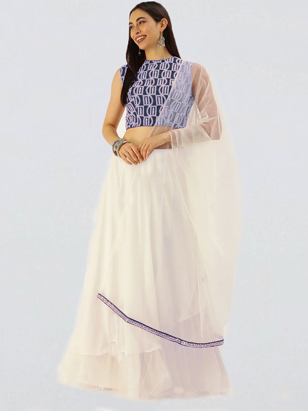 

Ethnovog Blue White Embroidered Made to Measure Lehenga Blouse With Dupatta