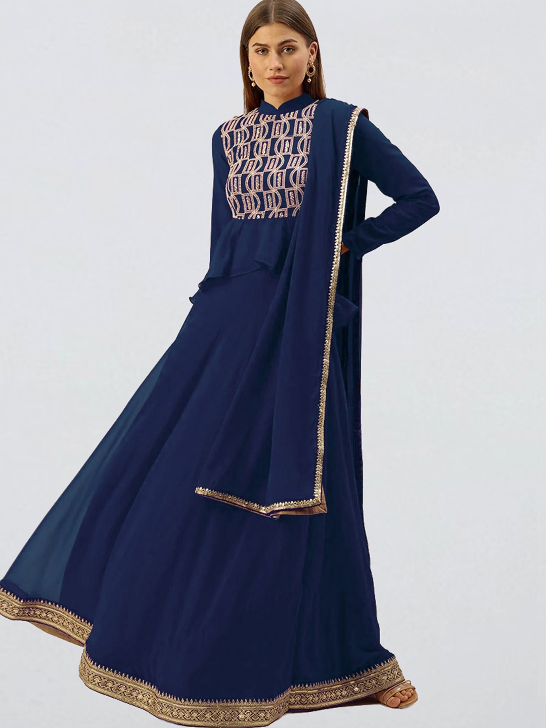 

Ethnovog Blue Gold-Toned Embroidered Made to Measure Lehenga Blouse With Dupatta