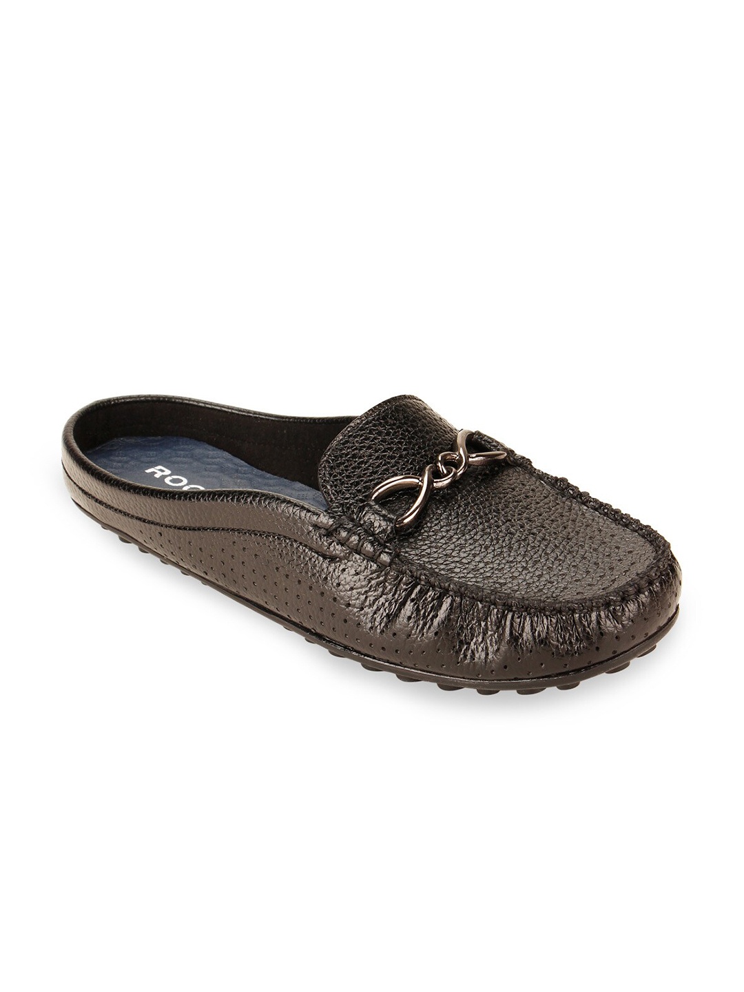 

Rocia Women Black Textured Mules with Laser Cuts Flats