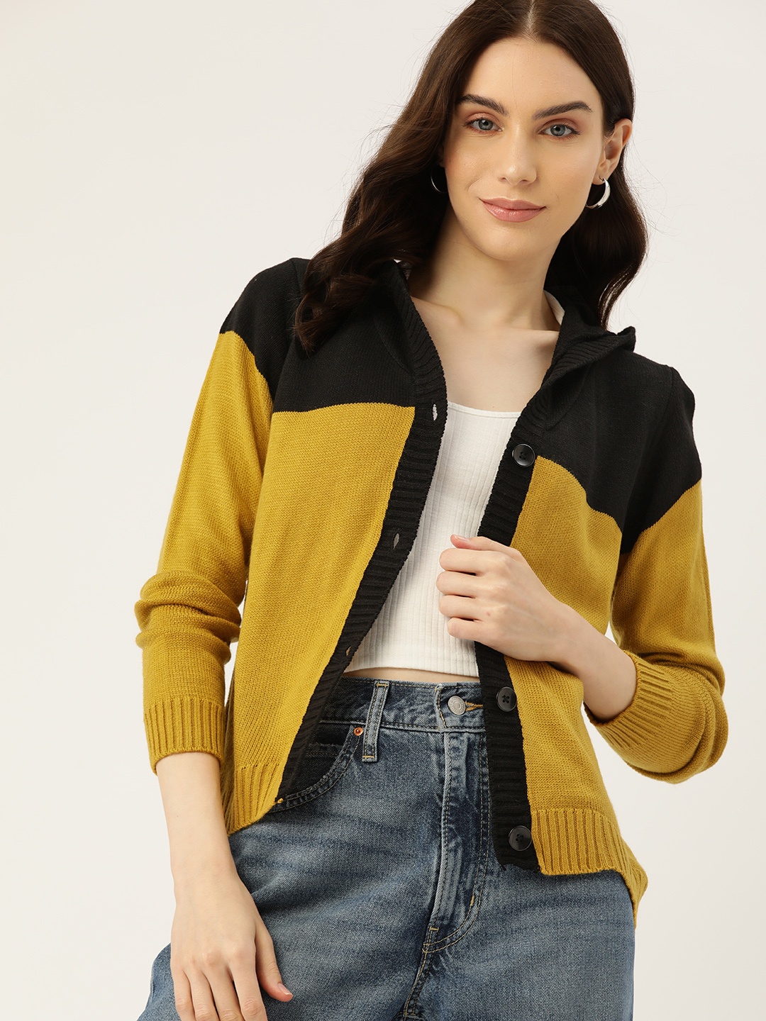 

DressBerry Colourblocked Hooded Cardigan, Mustard