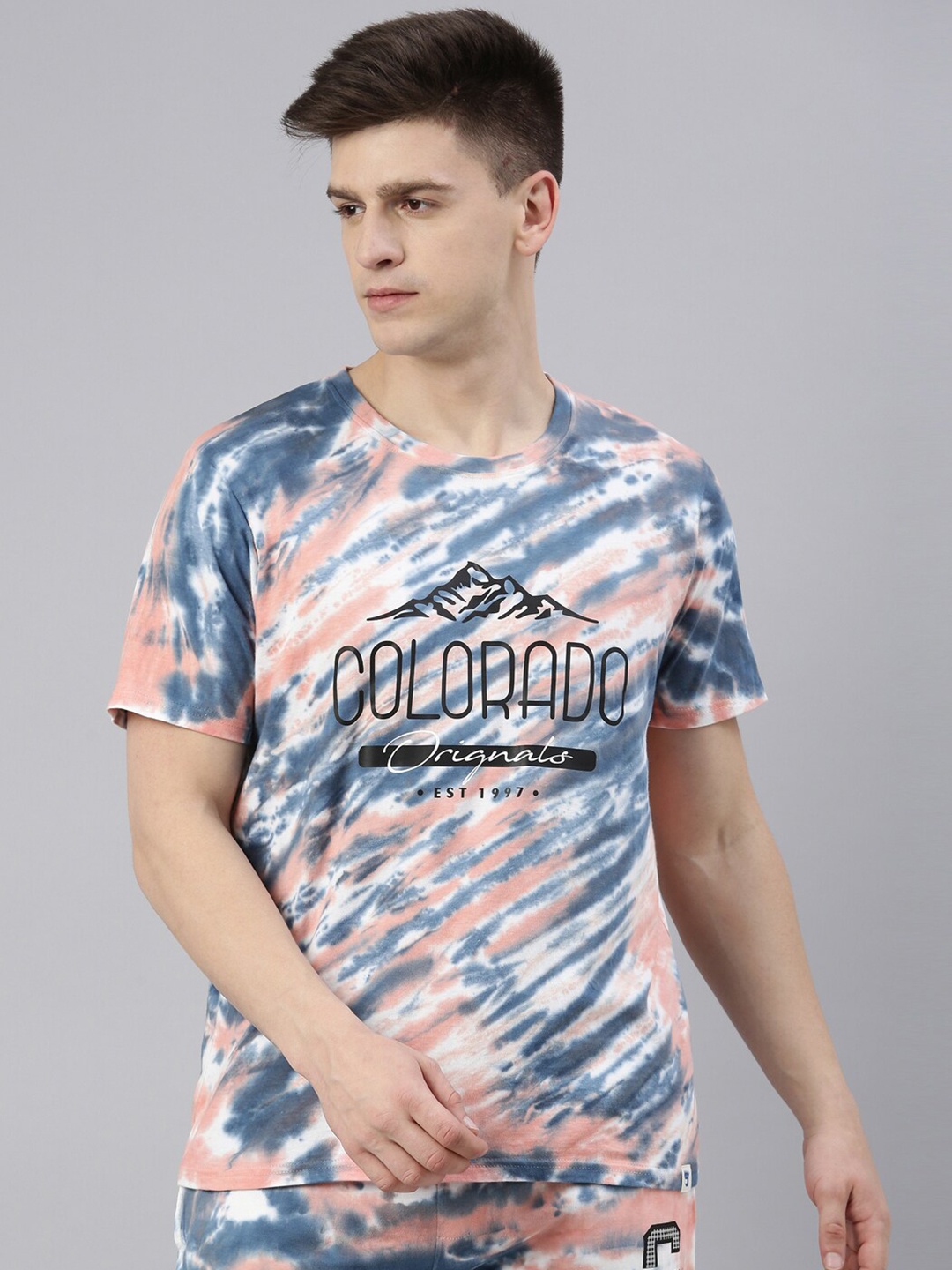 

Joven Men Grey Tie and Dye Printed Cotton T-shirt