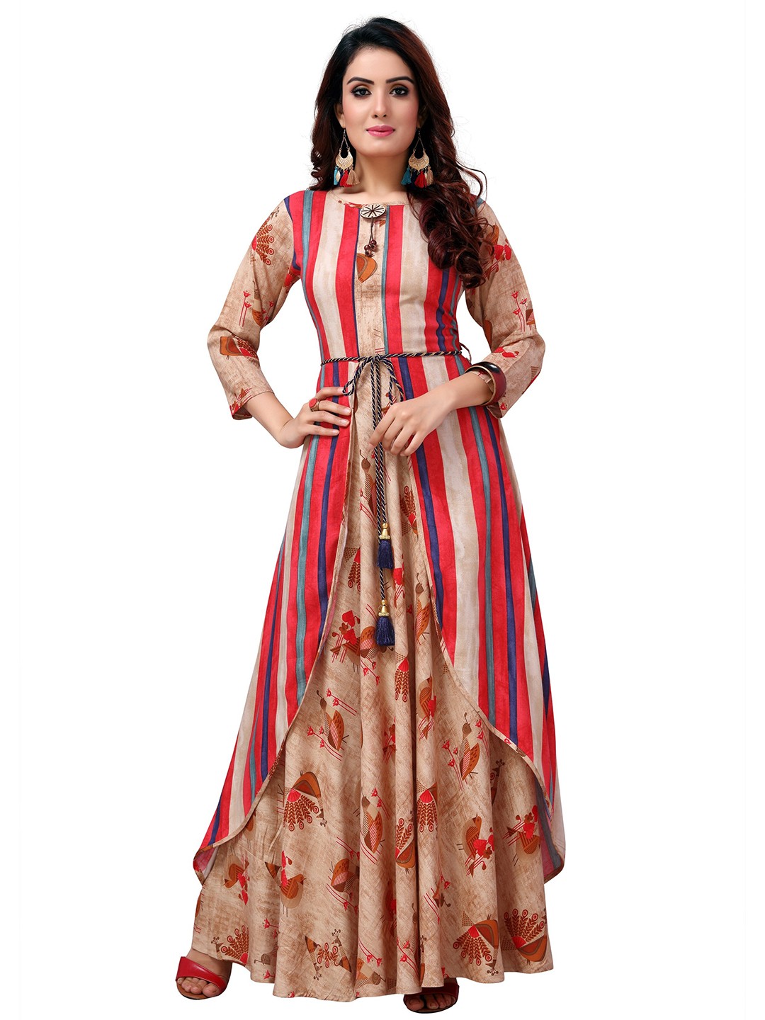 

MADHURAM Beige & Pink Floral Printed Anarkali Kurta