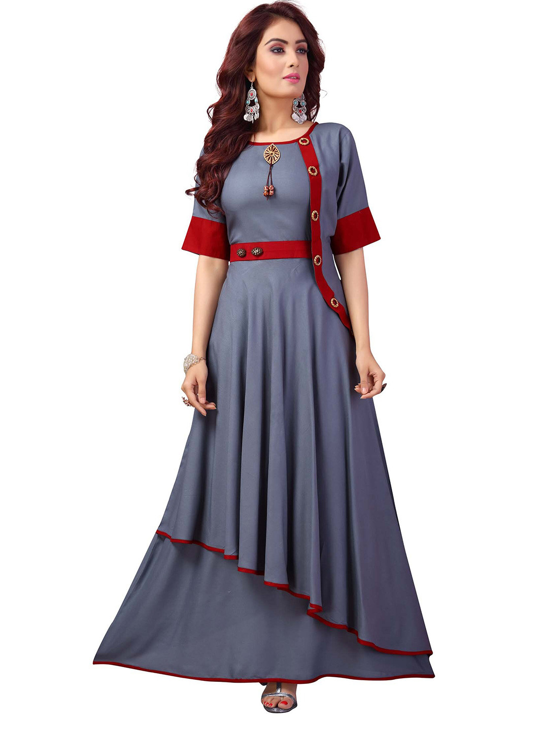 

MADHURAM Women Grey & Maroon A-Line Kurta