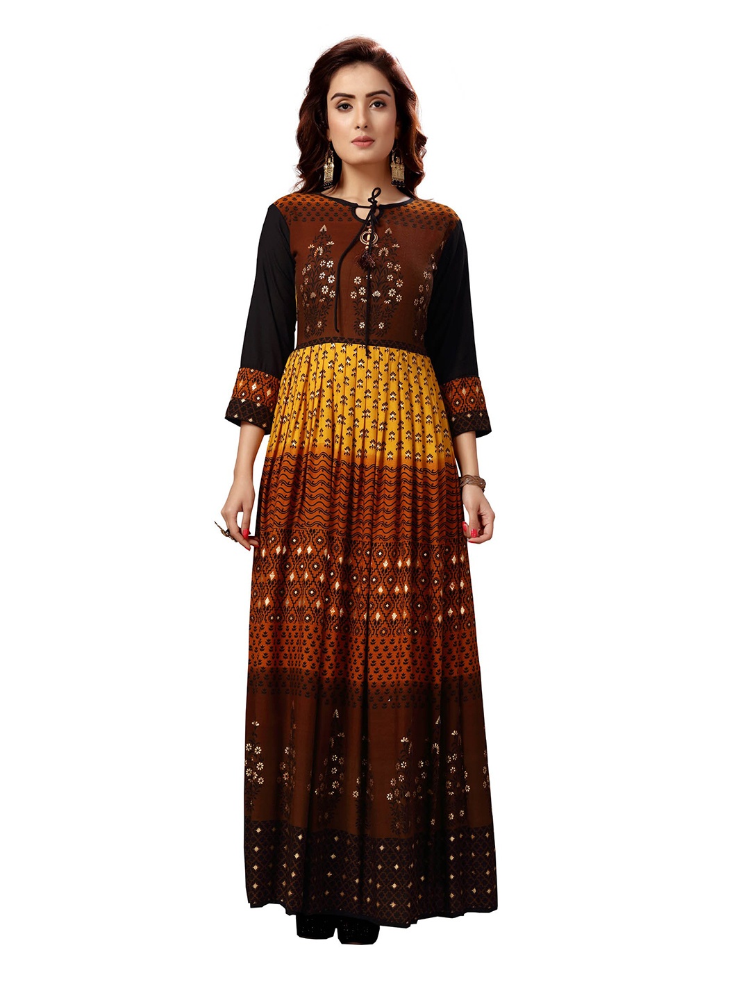 

MADHURAM Women Brown & Yellow Floral Printed Floral Anarkali Kurta