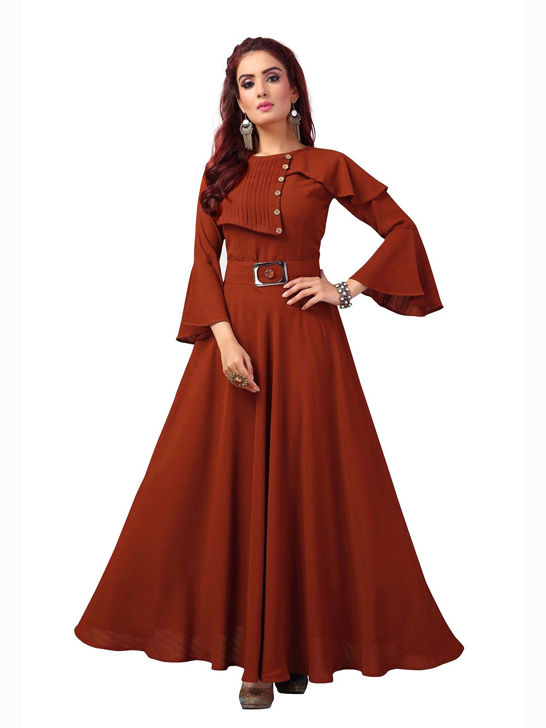 

MADHURAM Women Brown Flared Sleeves Georgette Anarkali Kurta