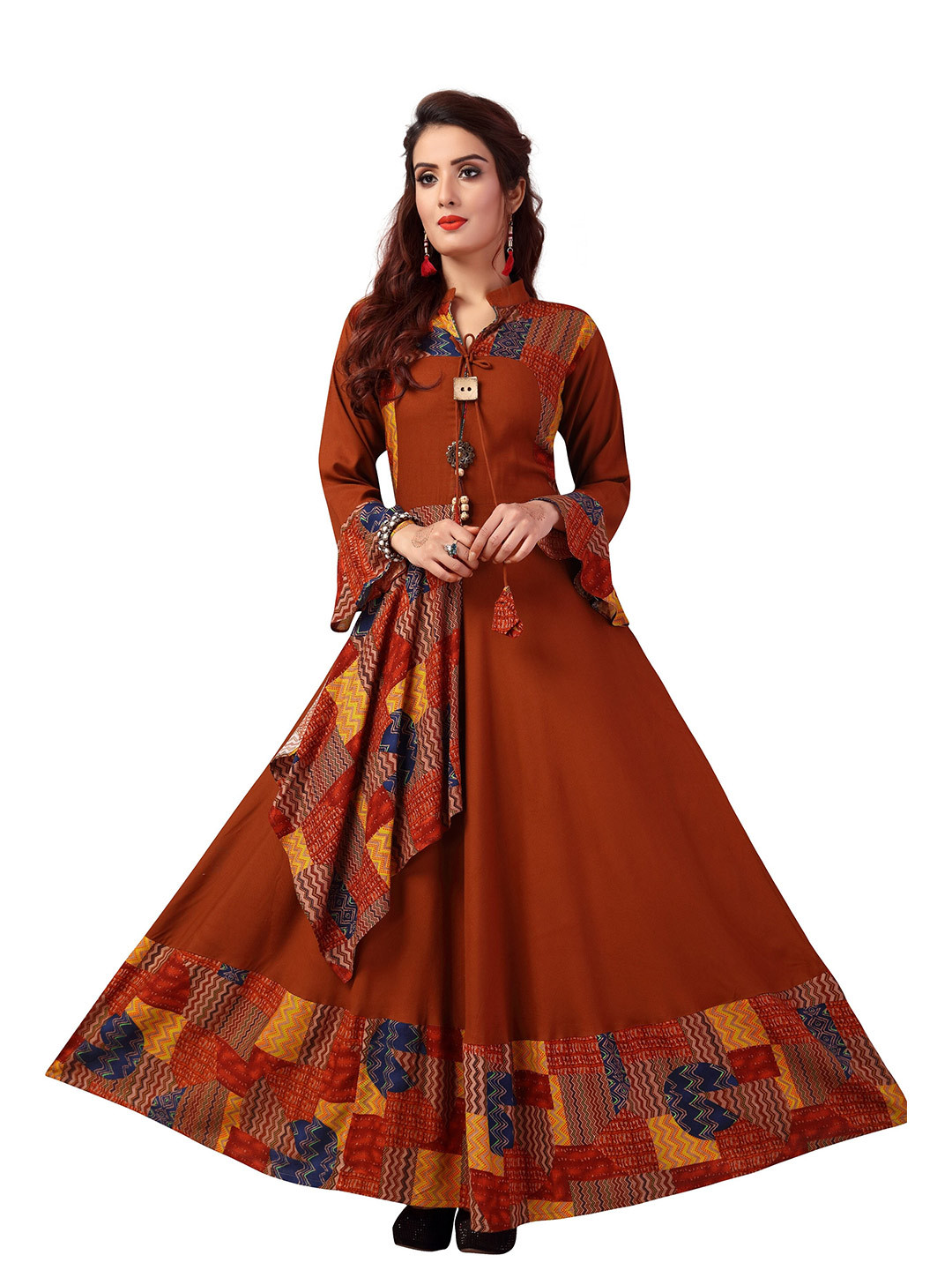 

MADHURAM Brown & Yellow Geometric Printed Layered Ethnic Maxi Dress