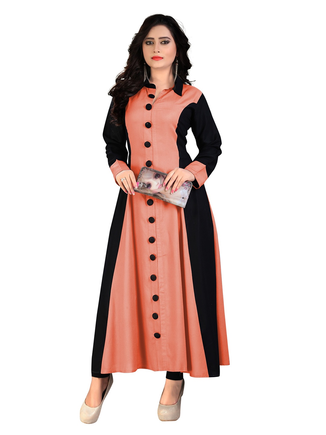 

MADHURAM Women Peach-Coloured & Black Anarkali Kurta