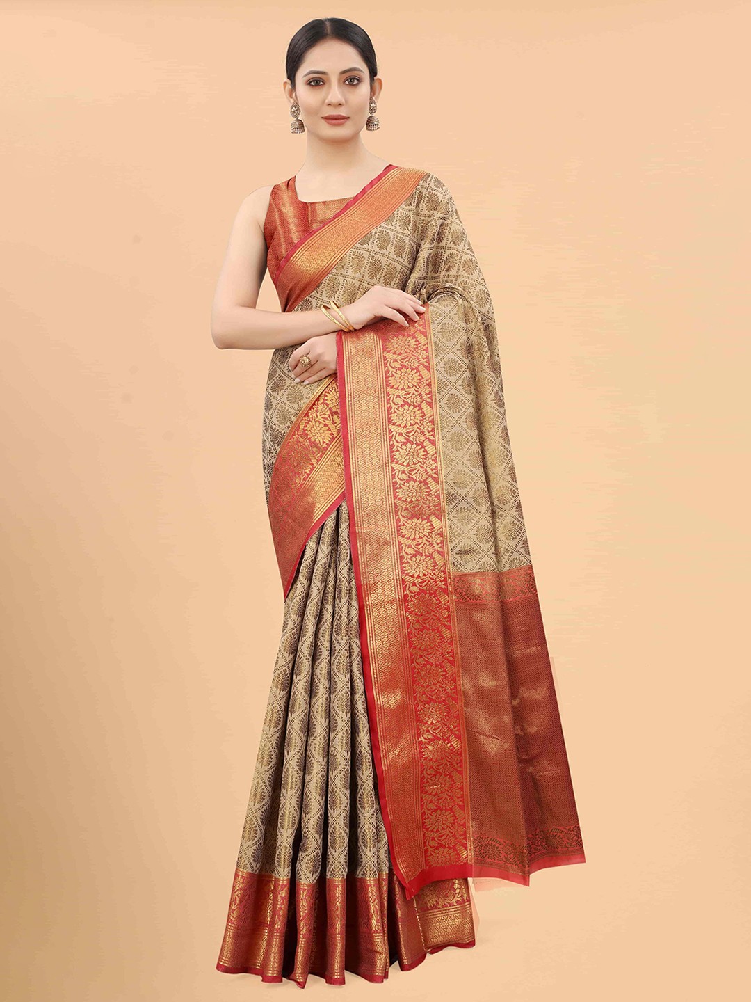 

Silk Land Beige & Red Ethnic Motifs Pure Silk Banarasi Saree