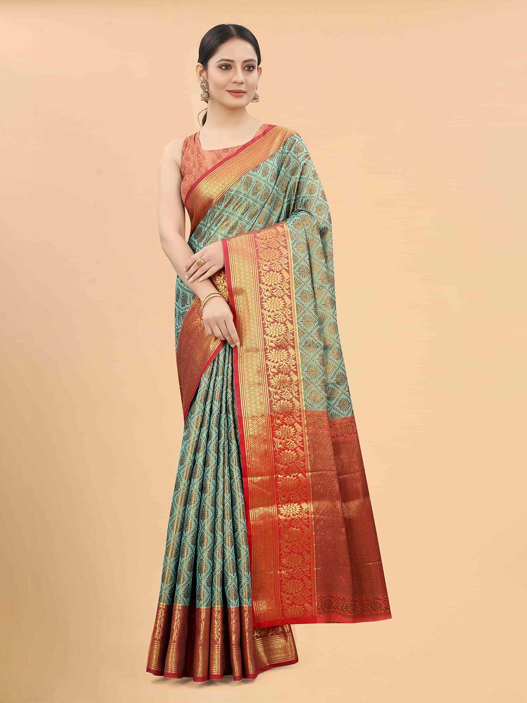 

Silk Land Teal & Red Woven Design Zari Pure Silk Fusion Banarasi Saree