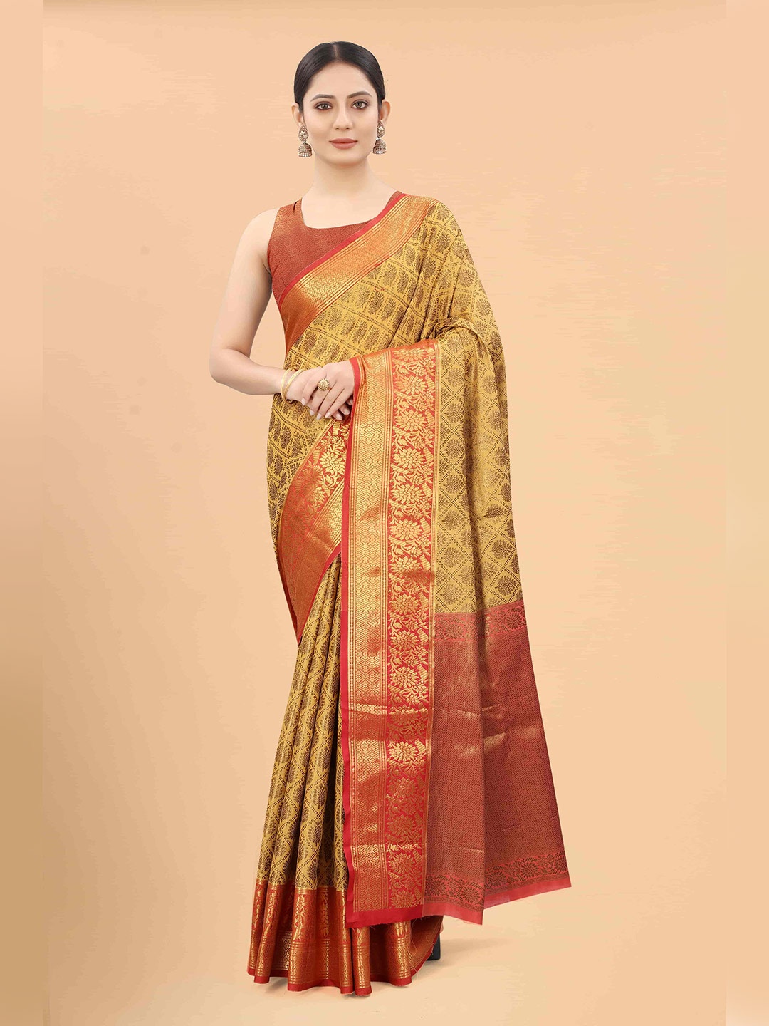 

Silk Land Yellow & Red Ethnic Motifs Zari Pure Silk Banarasi Saree