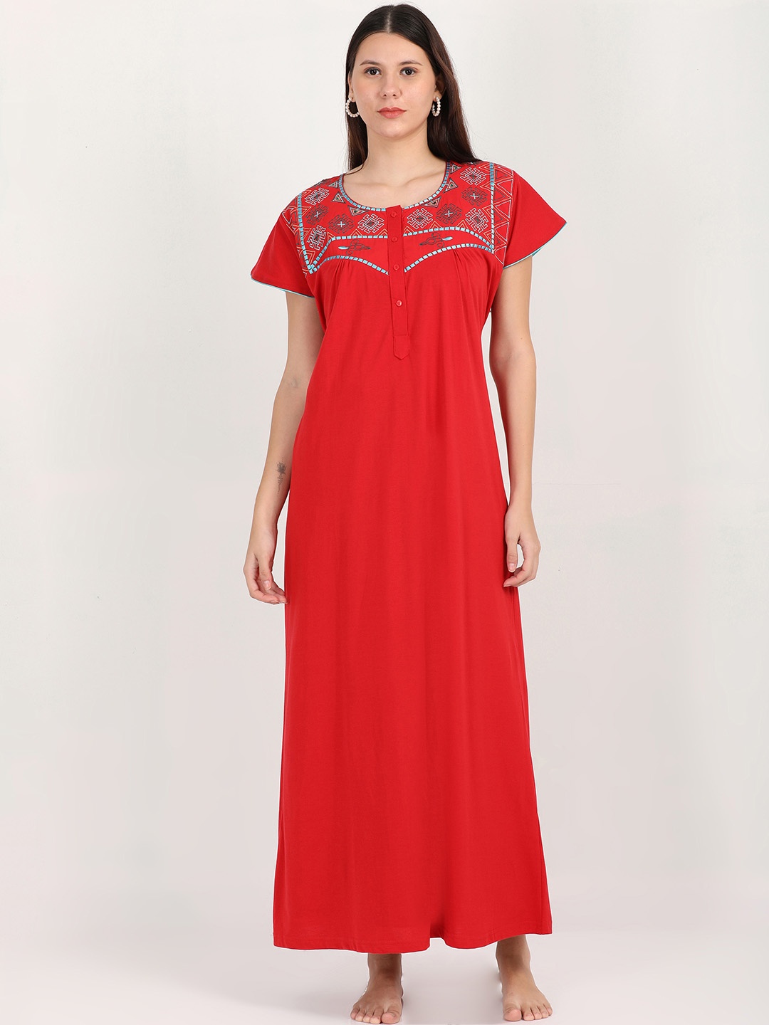 

9shines Label Red & Teal Embroidered Maxi Nightdress