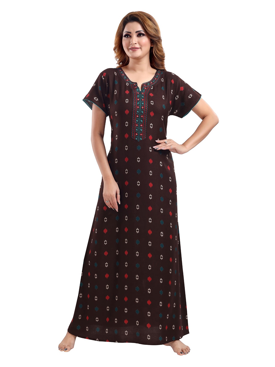

9shines Label Women Brown & Blue Printed Cotton Blend Maxi Nightdress