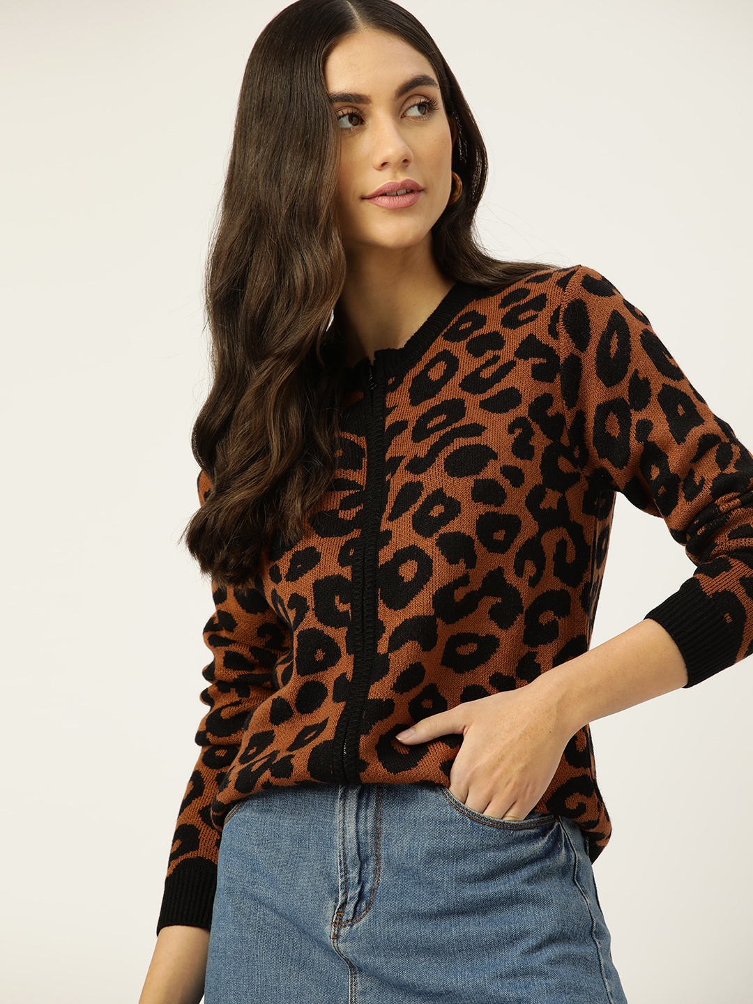

DressBerry Women Brown & Black Animal Printed Cardigan