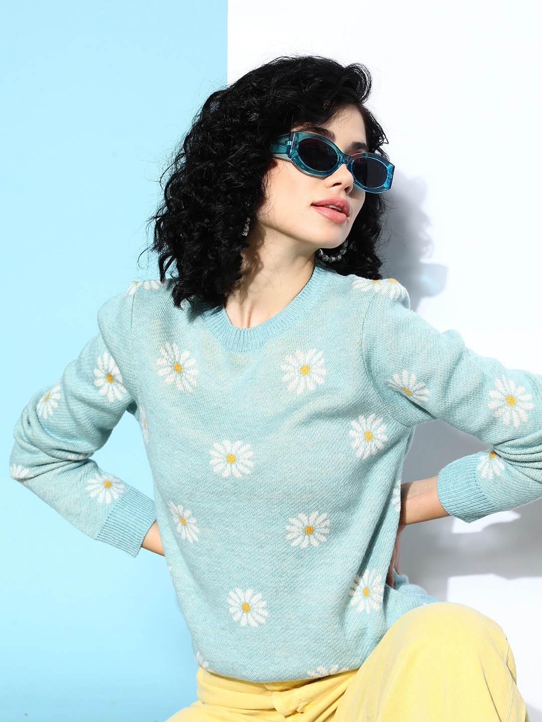 

4WRD by Dressberry Women Blue Floral Knits Bits Sweater