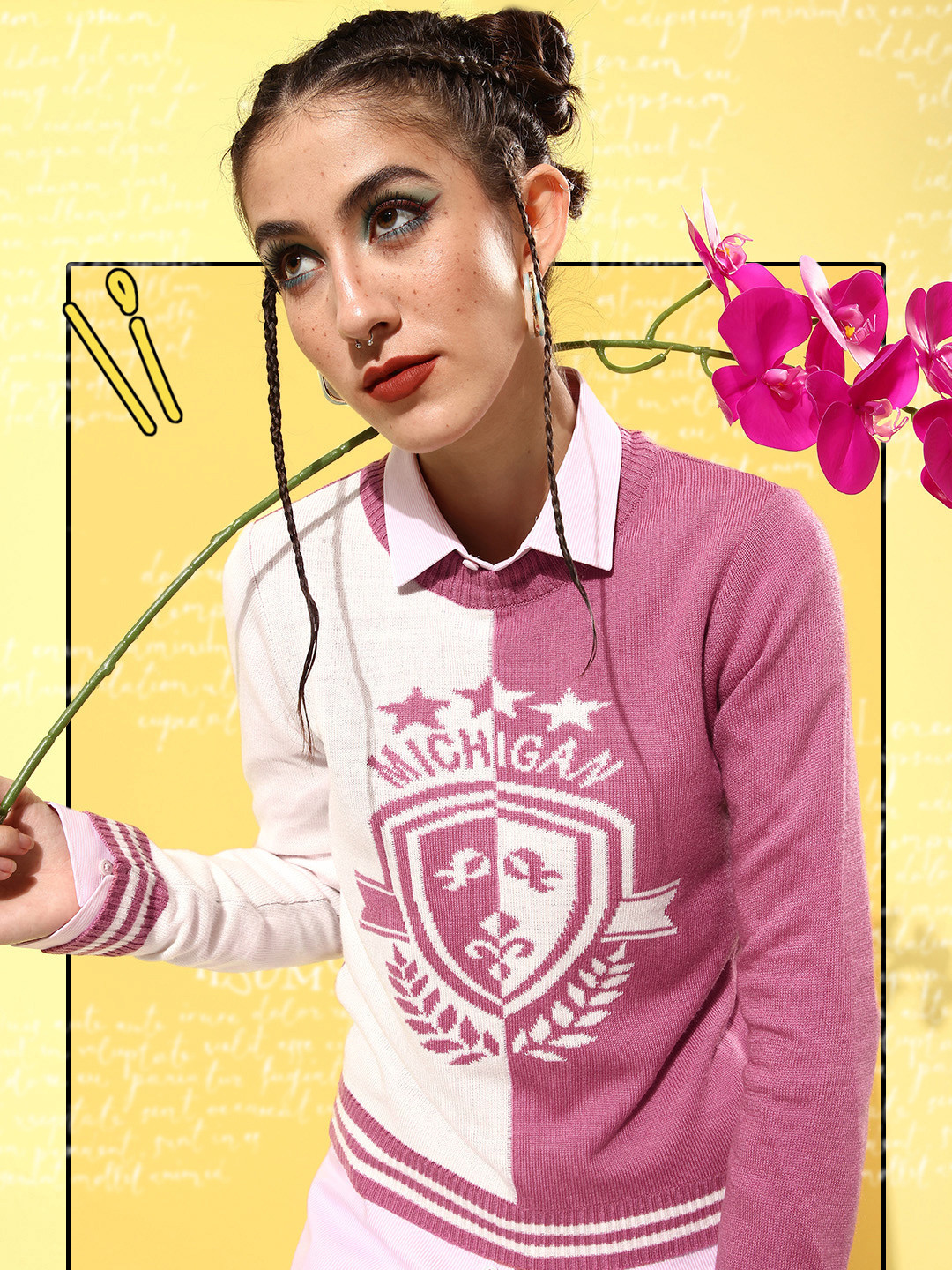 

DressBerry Women Lovely Pink Colourblocked Whipped for Varsity Sweater